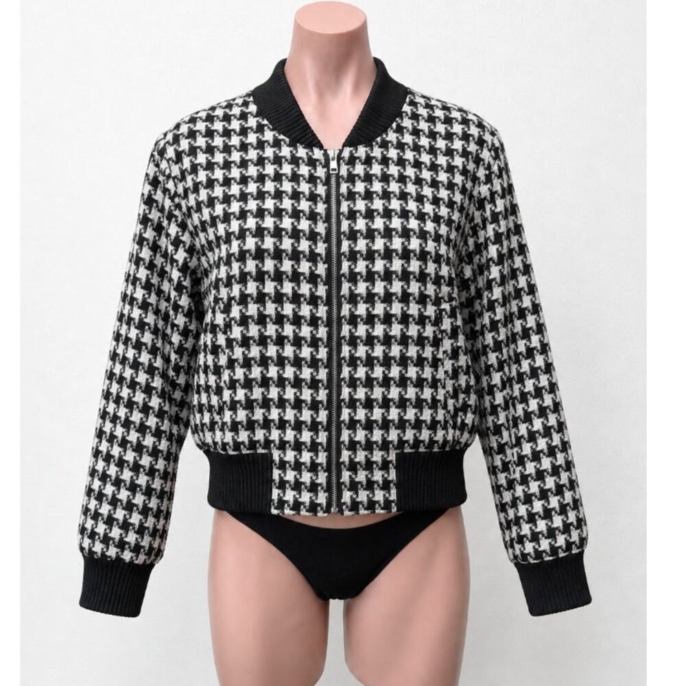 Philip Ayler White Black French Tweed Houndstooth Black Trim Zip Bomber Jacket